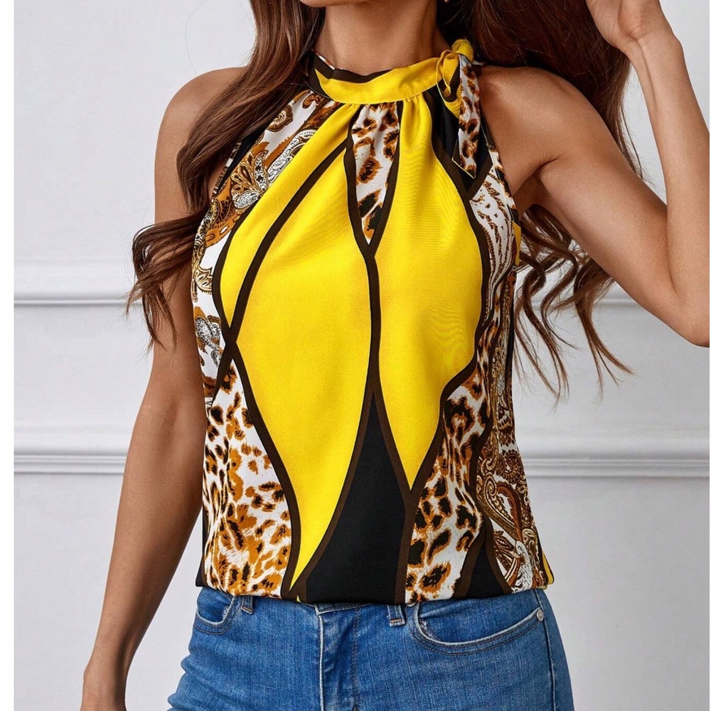 Leopard Print Color Block halter Neck Tie Tank Top - Picture 3 of 9